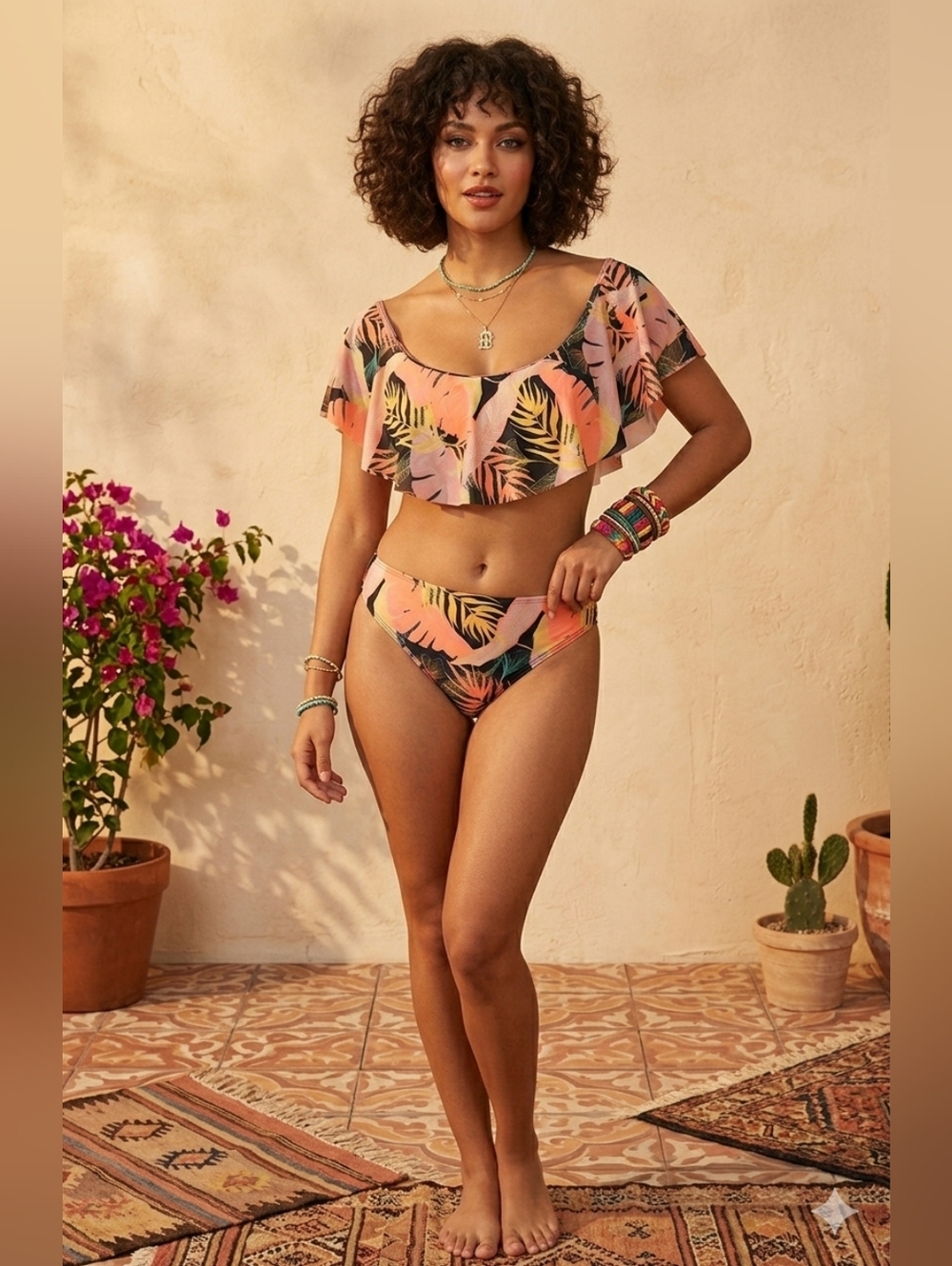 SHEIN Pink Multi Tropical Leaf Off-Shoulder Bikini
